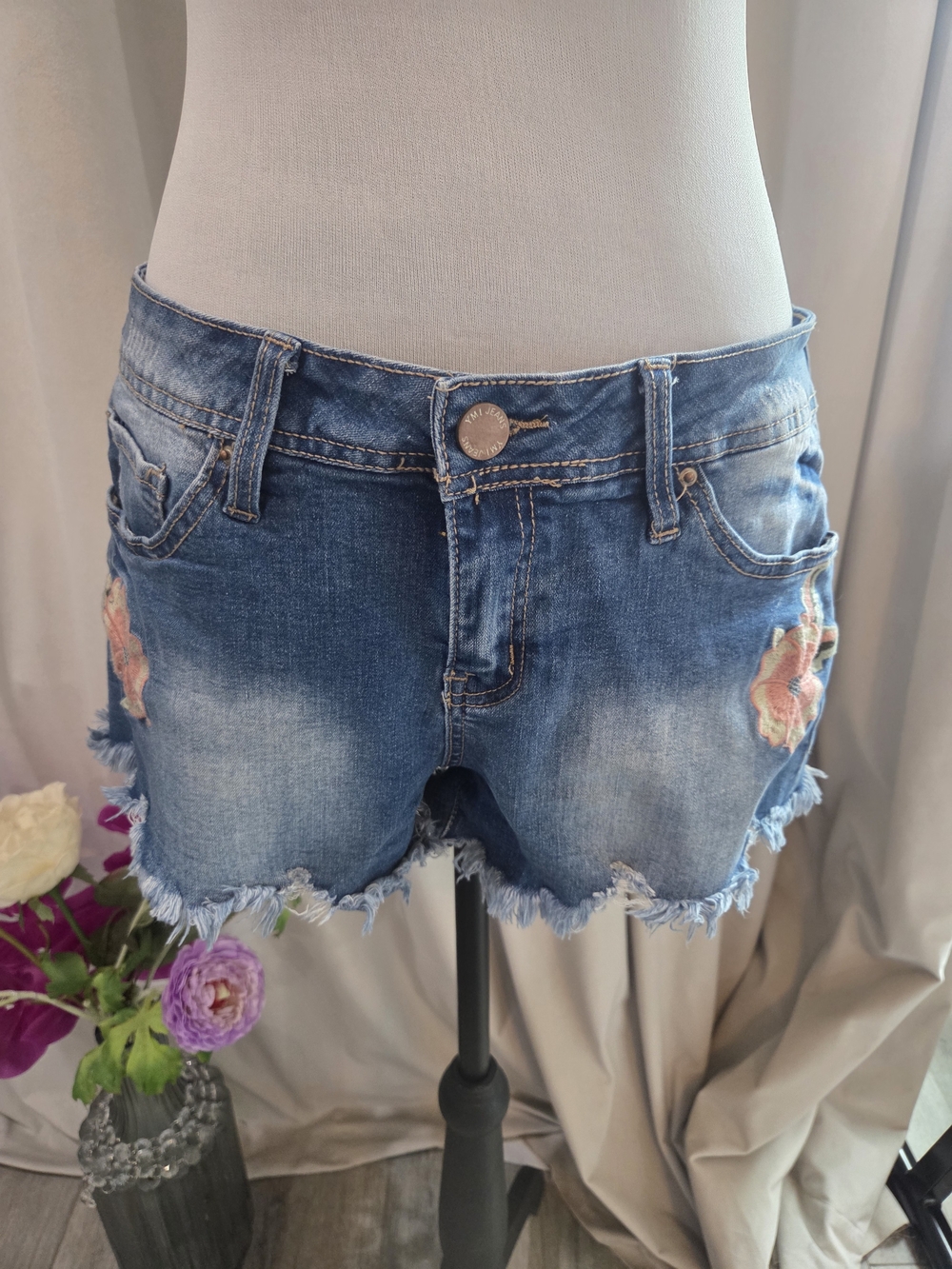 YMI Blue Distressed Denim Shorts with Floral Applique